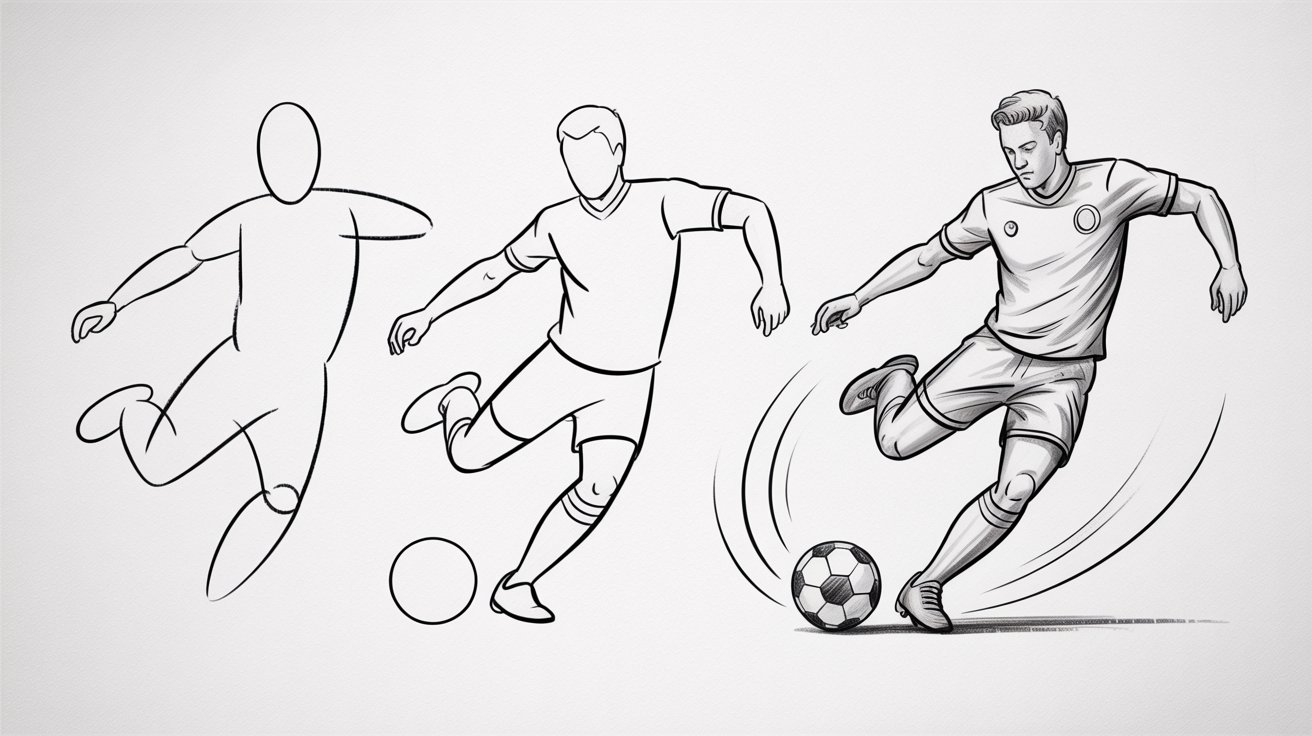 Simple soccer player drawing using shapes stick figure kicking ball action pose tutorial sketch