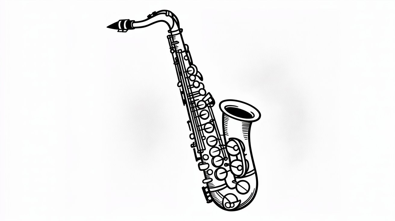 Clean black-and-white line drawing of a saxophone on a white background with simple, precise contours.