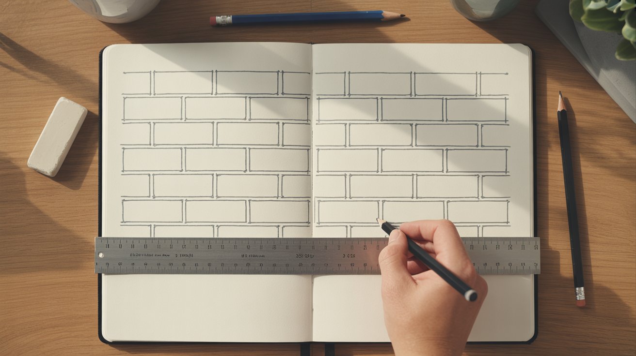 "Easy beginner brick wall drawing with ruler showing clean lines and evenly spaced staggered brick pattern"