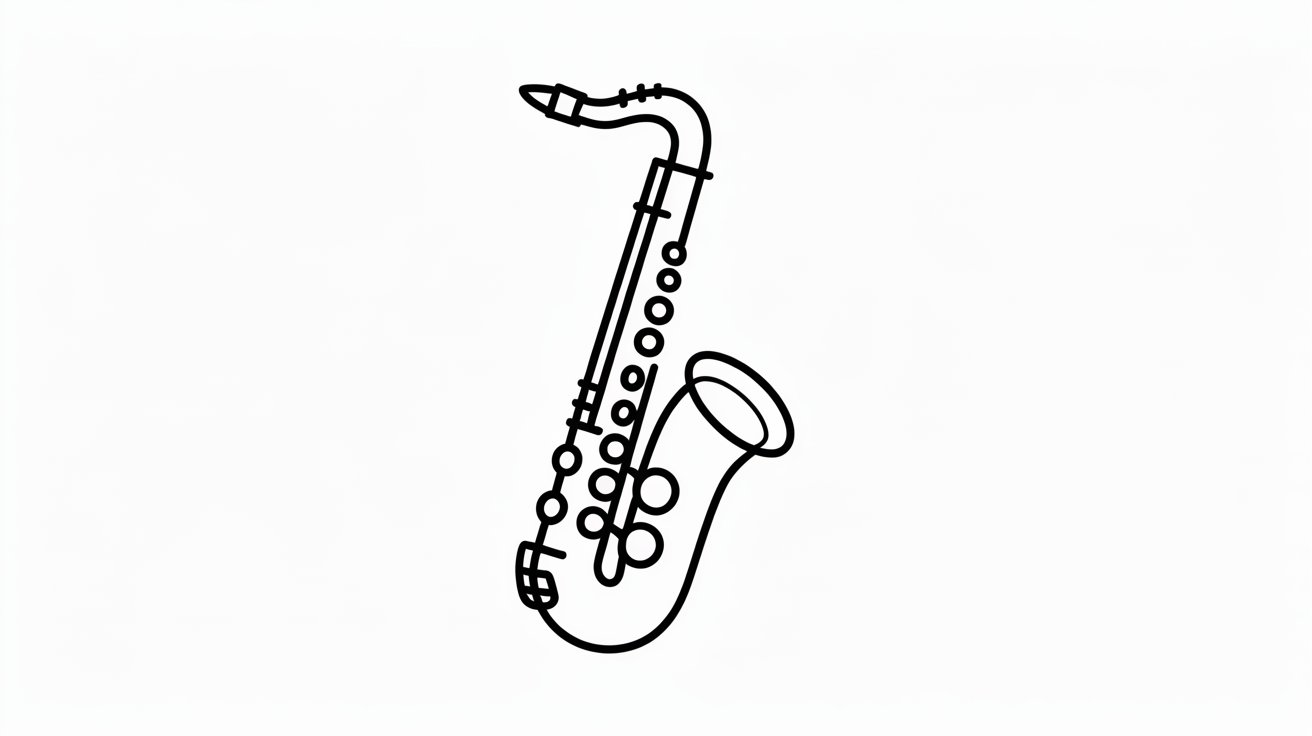 Thick, bold black line art icon of a saxophone with simplified keys and curves on a white background.