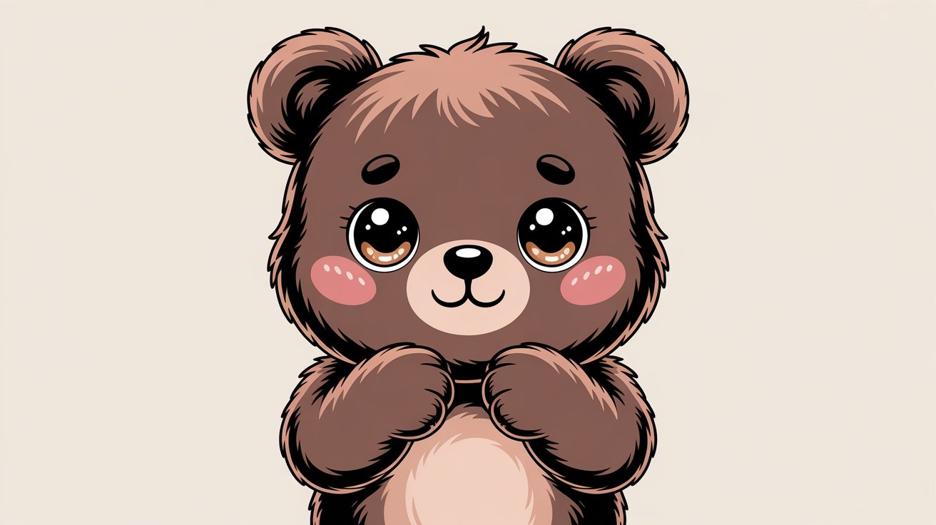 Kawaii brown bear cub with big sparkly eyes and pink cheeks holds paws to its chest.