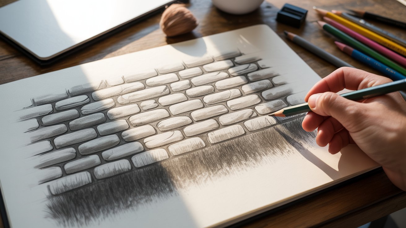 "Shaded brick wall drawing with realistic lighting, depth, and smooth pencil blending in a sketchbook"