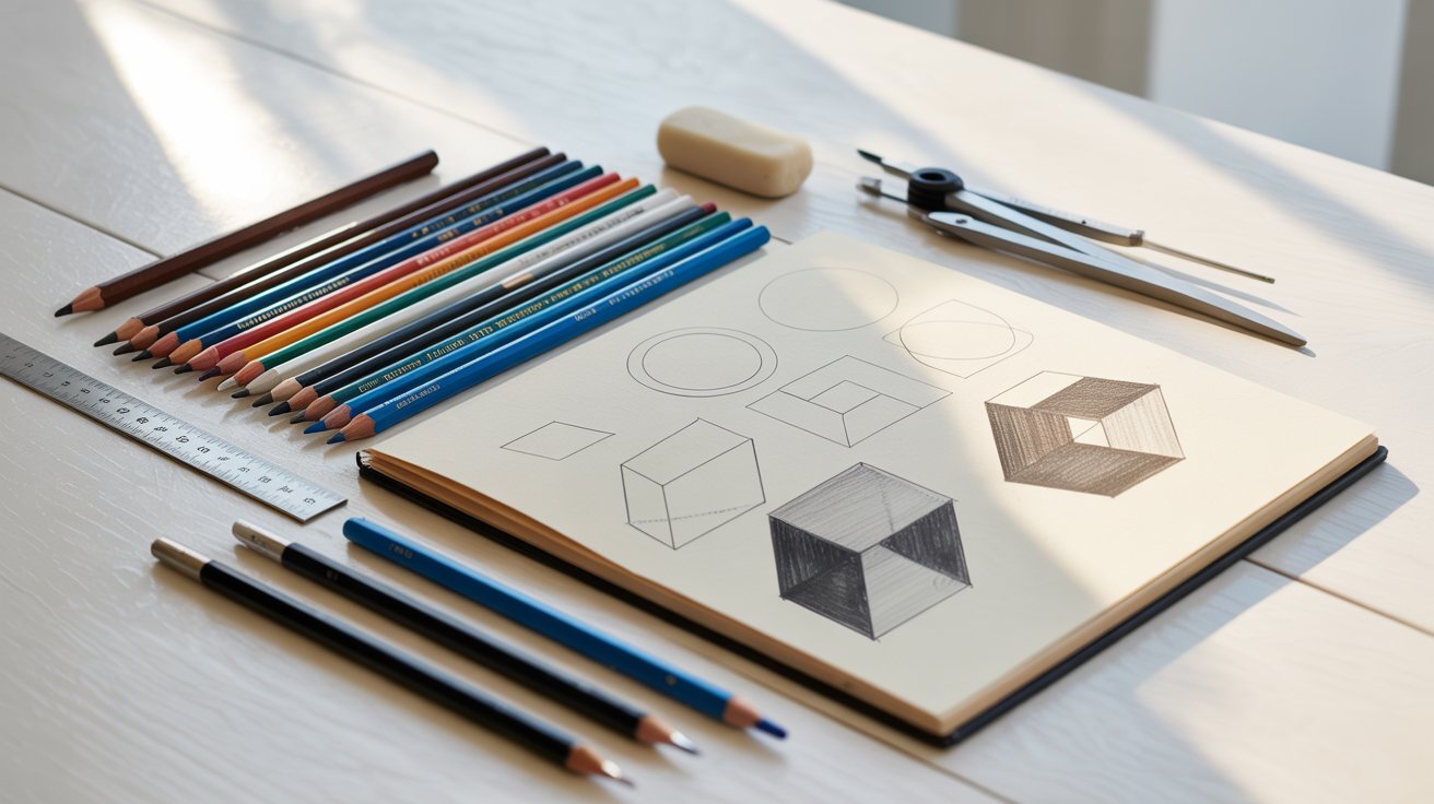 Drawing tools around sketches of circles and cubes. Essential shapes help beginners draw anything.