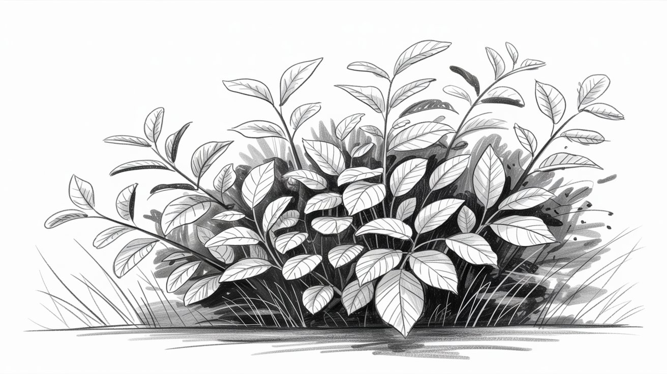 Detailed pencil bush drawing showing individual leaf veins and layered branches.