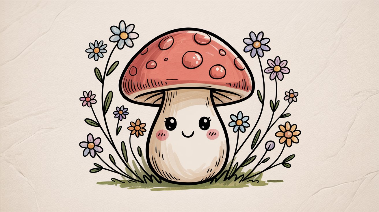 Hand-drawn illustration of a blushing chibi mushroom with a red spotted cap, big eyes, and flowers around it.