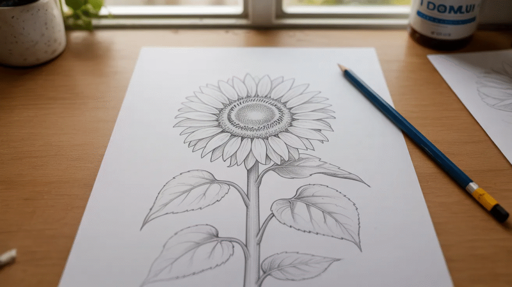 Simple sunflower drawing on paper showing full sketch with petals, center, and stem in realistic tutorial style