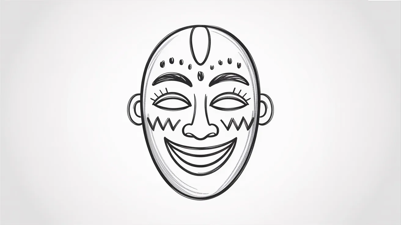 Simple joyful African mask sketch with a big smile and playful decorative patterns.