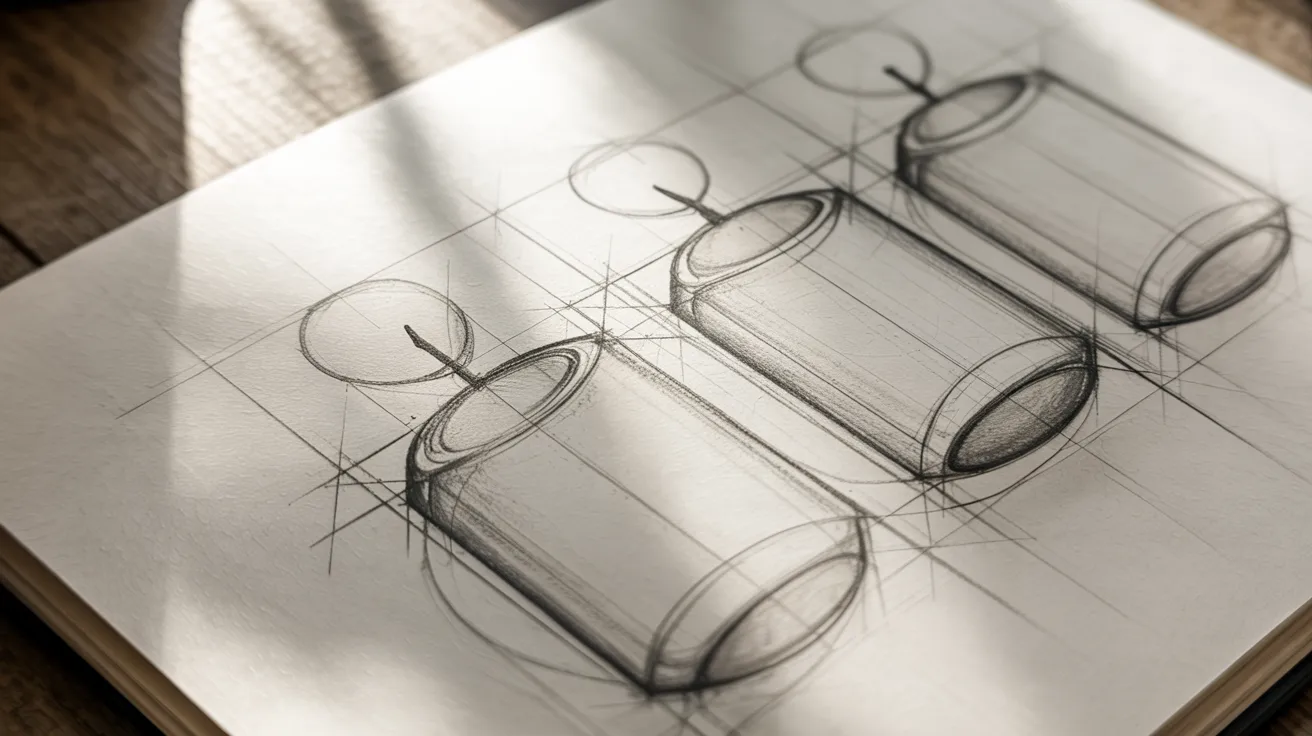 Basic candle shapes using rectangle and oval forms in simple pencil sketch