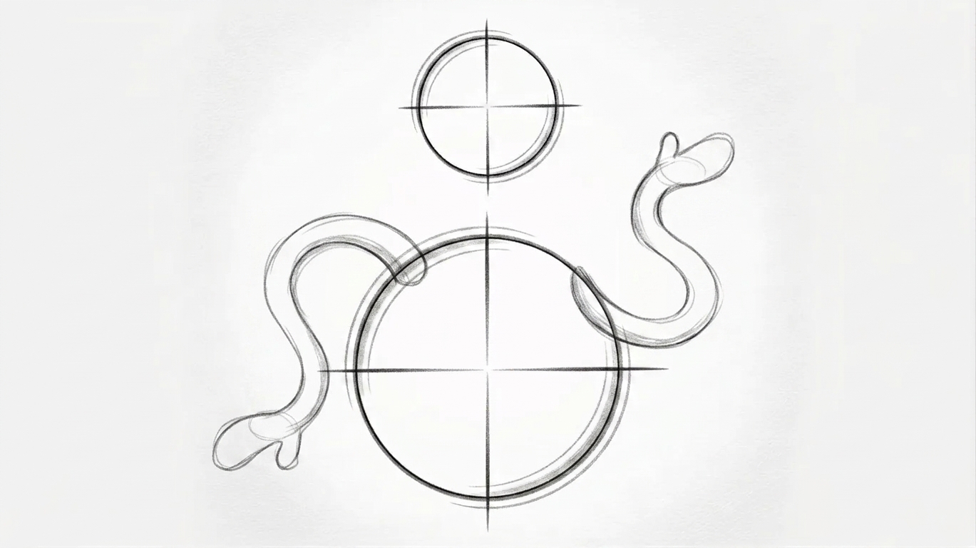 Sketch with loose S shaped arms on rounded body simple cartoon drawing soft lines