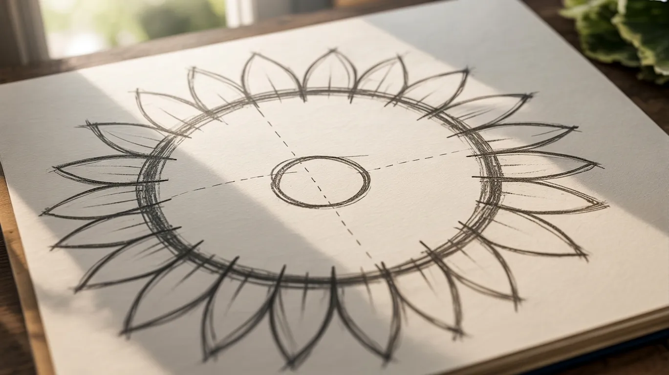 Sunflower drawing basics showing circle center, petal guides, and stem structure in simple sketch form