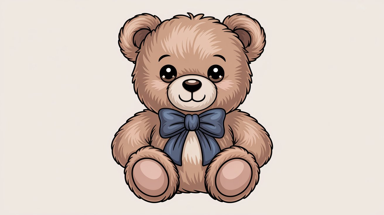 Cartoon teddy bear with big shiny eyes sits wearing a dusty blue bow tie.