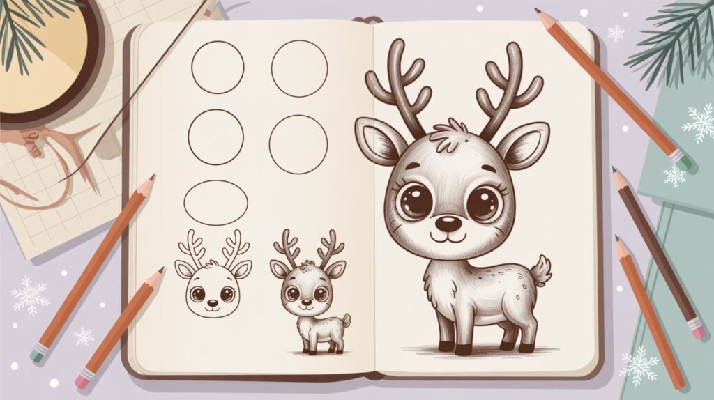 Cute step-by-step reindeer drawing tutorial with sketchbook, pencil, soft winter theme, pastel background