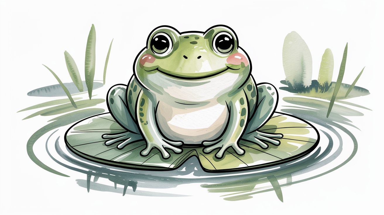 Content watercolor frog with pink cheeks sits on lily pad, ripples and grass in soft style