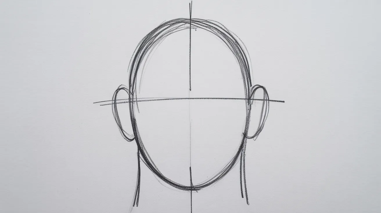 Portrait drawing step showing oval face shape with guidelines and ears lightly sketched