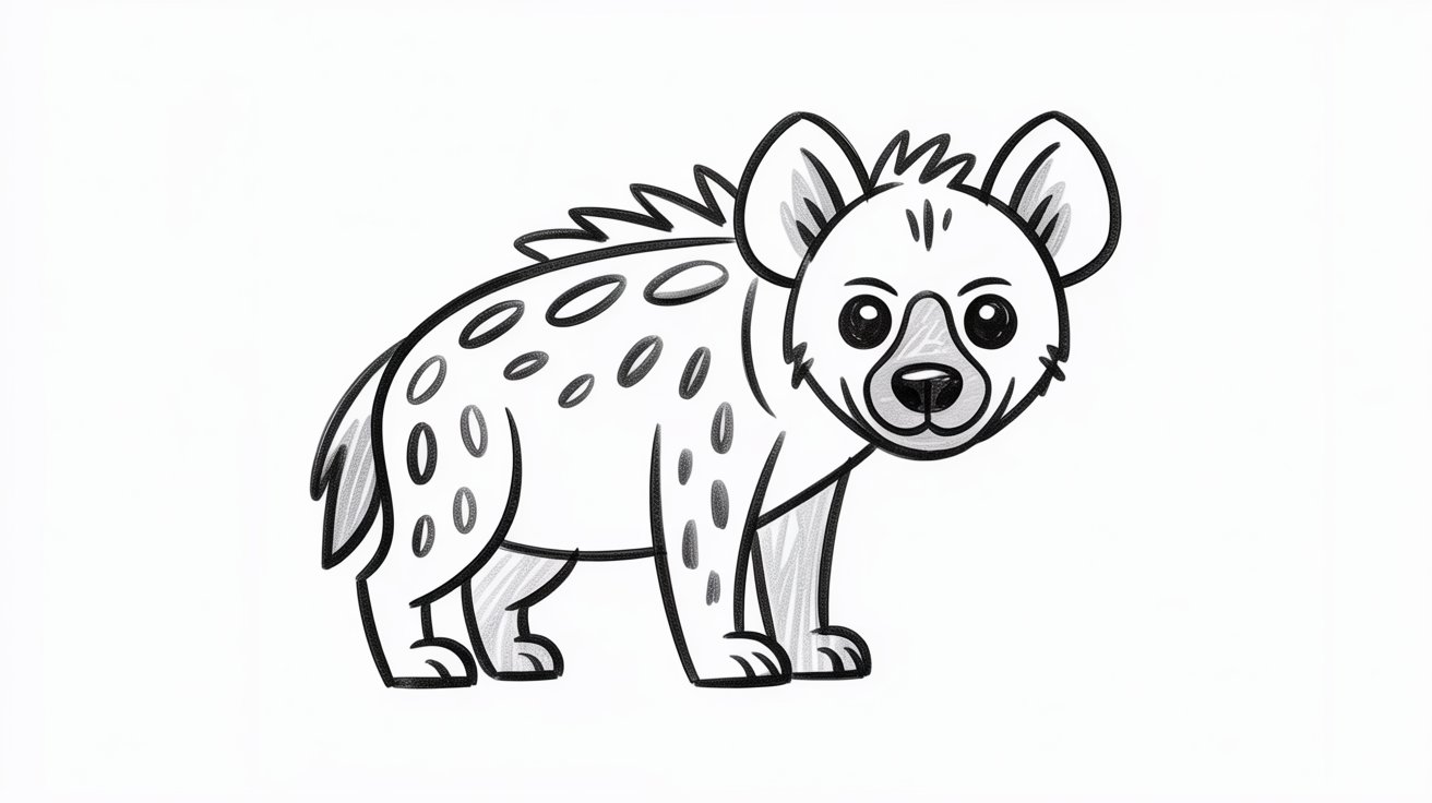 Simple hyena body shape sketch showing sloping back long legs rounded ears and facial features