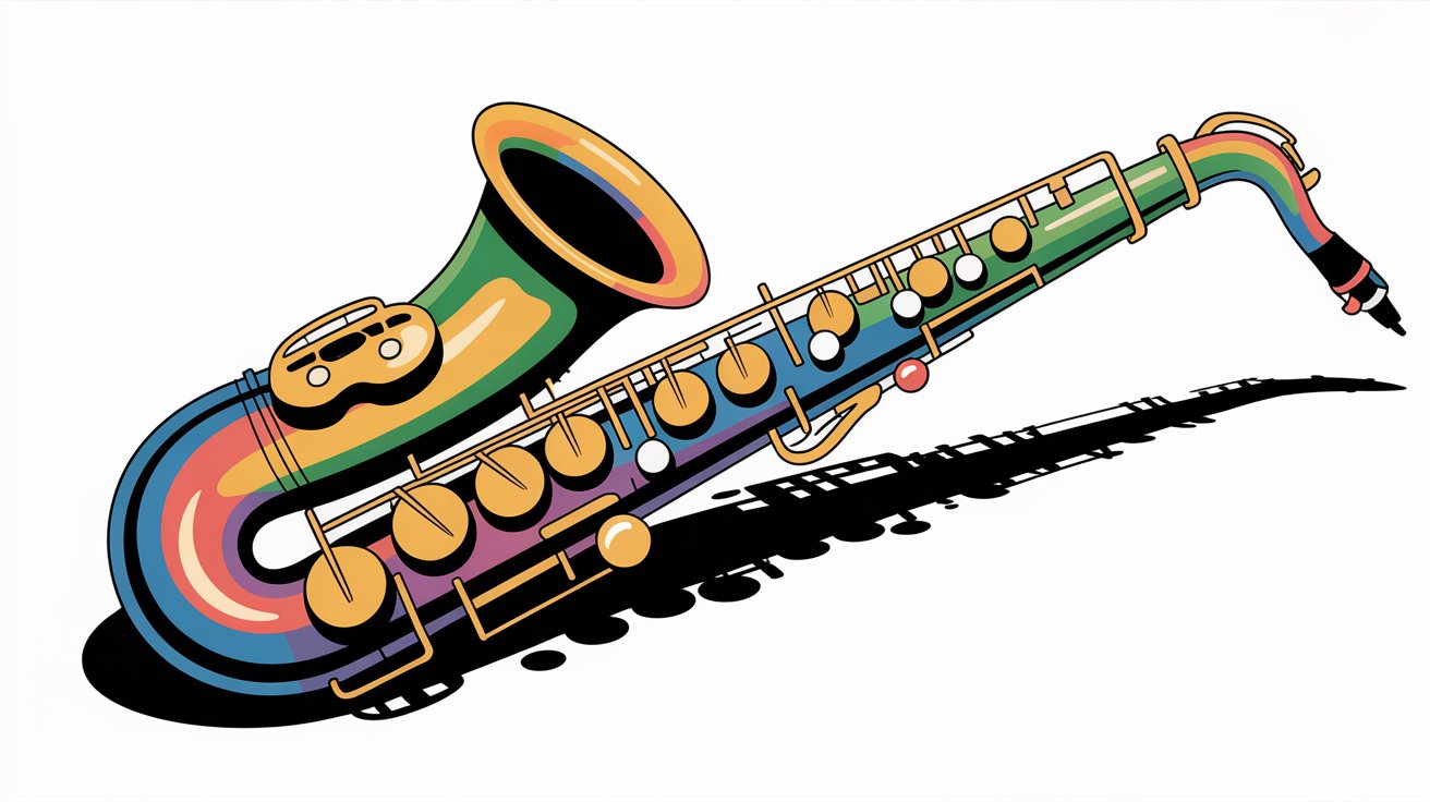Bold vector illustration of a rainbow-colored saxophone with thick outlines and a dramatic black shadow.