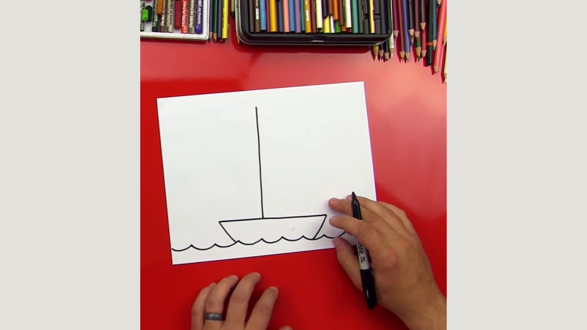 "Instructional image showing the process of drawing a boat, with detailed steps and visual examples for guidance."