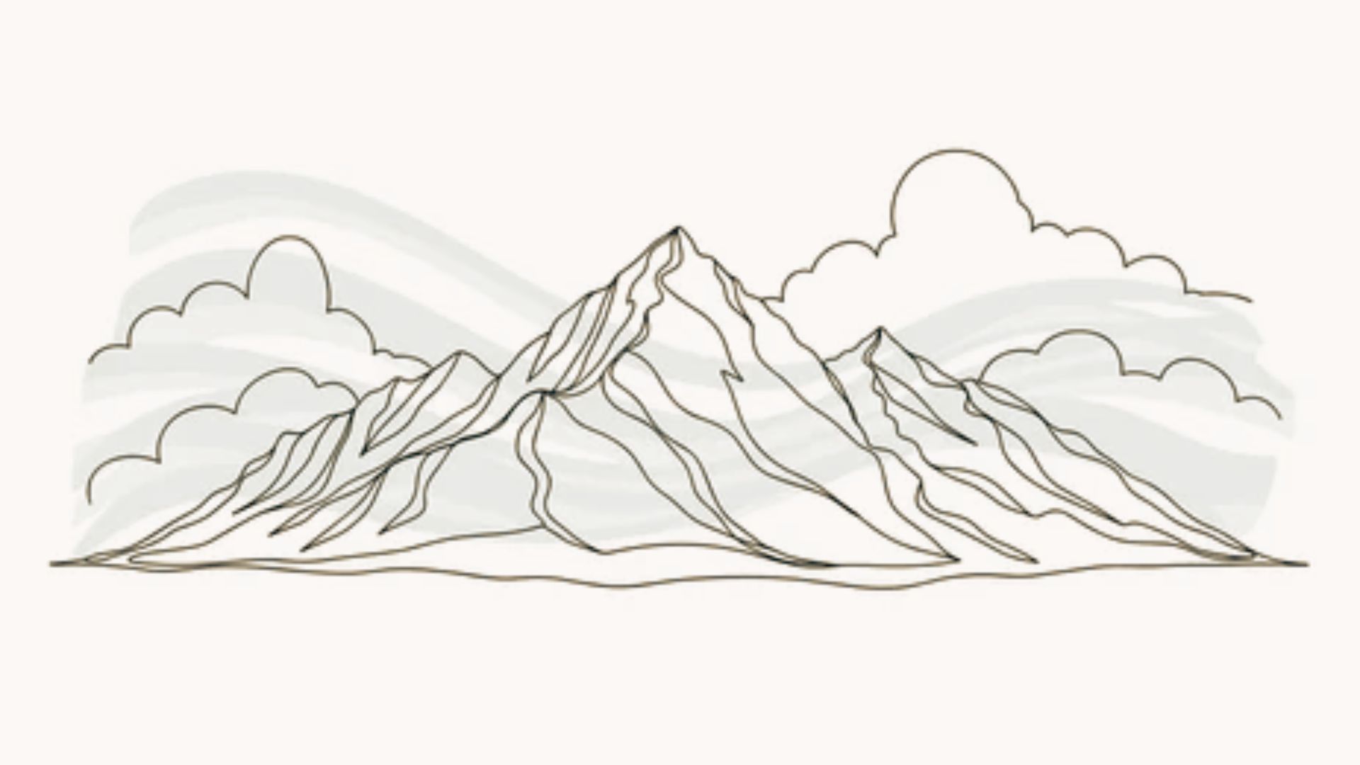 Mountain peaks with puffy cloud outlines on a white background, an easy one-line cloud sketch idea for beginners.