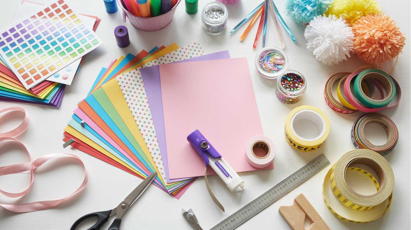 Colorful paper party hat craft materials including scissors, glue, ribbons, and decorations arranged on a table.