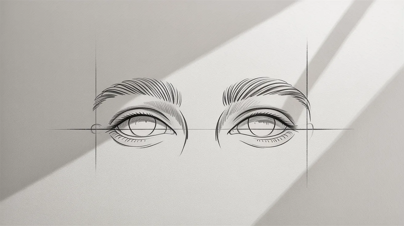 Portrait drawing step showing eyes and eyebrows placed using simple pencil shapes