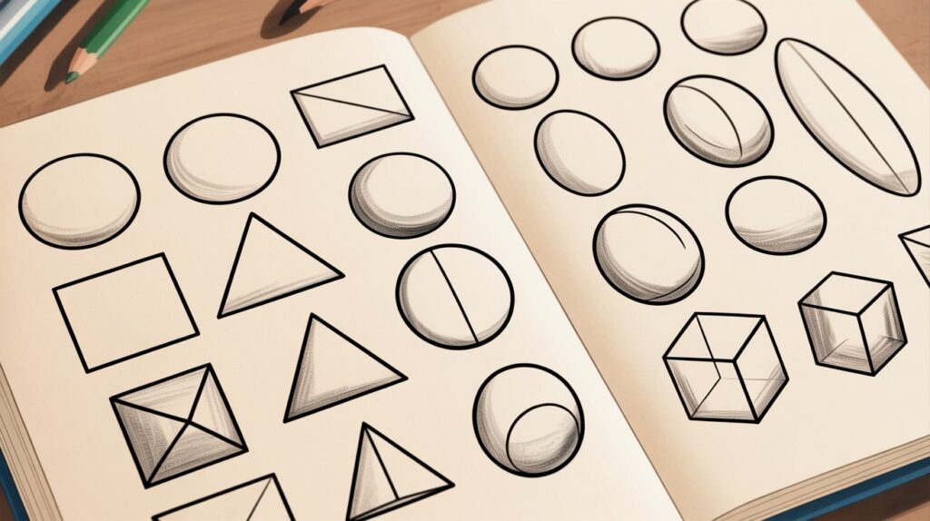 Sketchbook shows circles, squares, triangles, cubes. Practice basic shapes to build 3D forms.