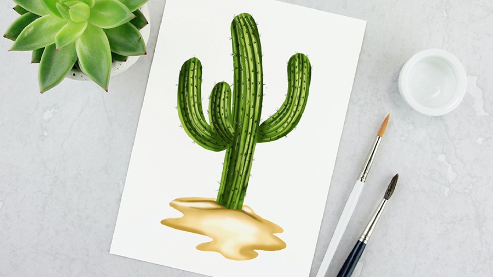 A simple drawing of a cactus with golden liquid on it, set against a clean white background.