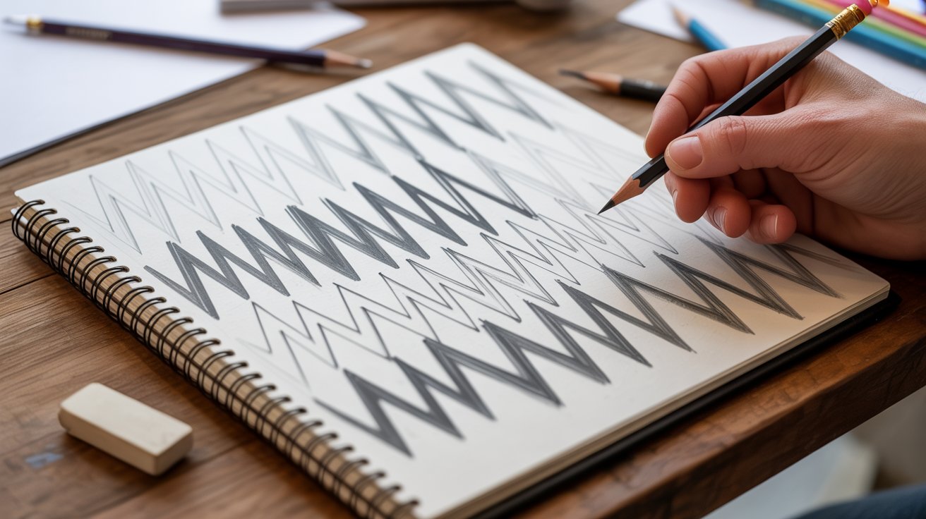 "Sketchbook with zig zag line drawing warm up showing sharp controlled peaks"