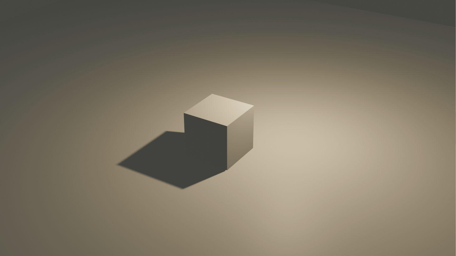 A realistic 3D cube lit from the upper right, casting a sharp shadow on a smooth beige surface.