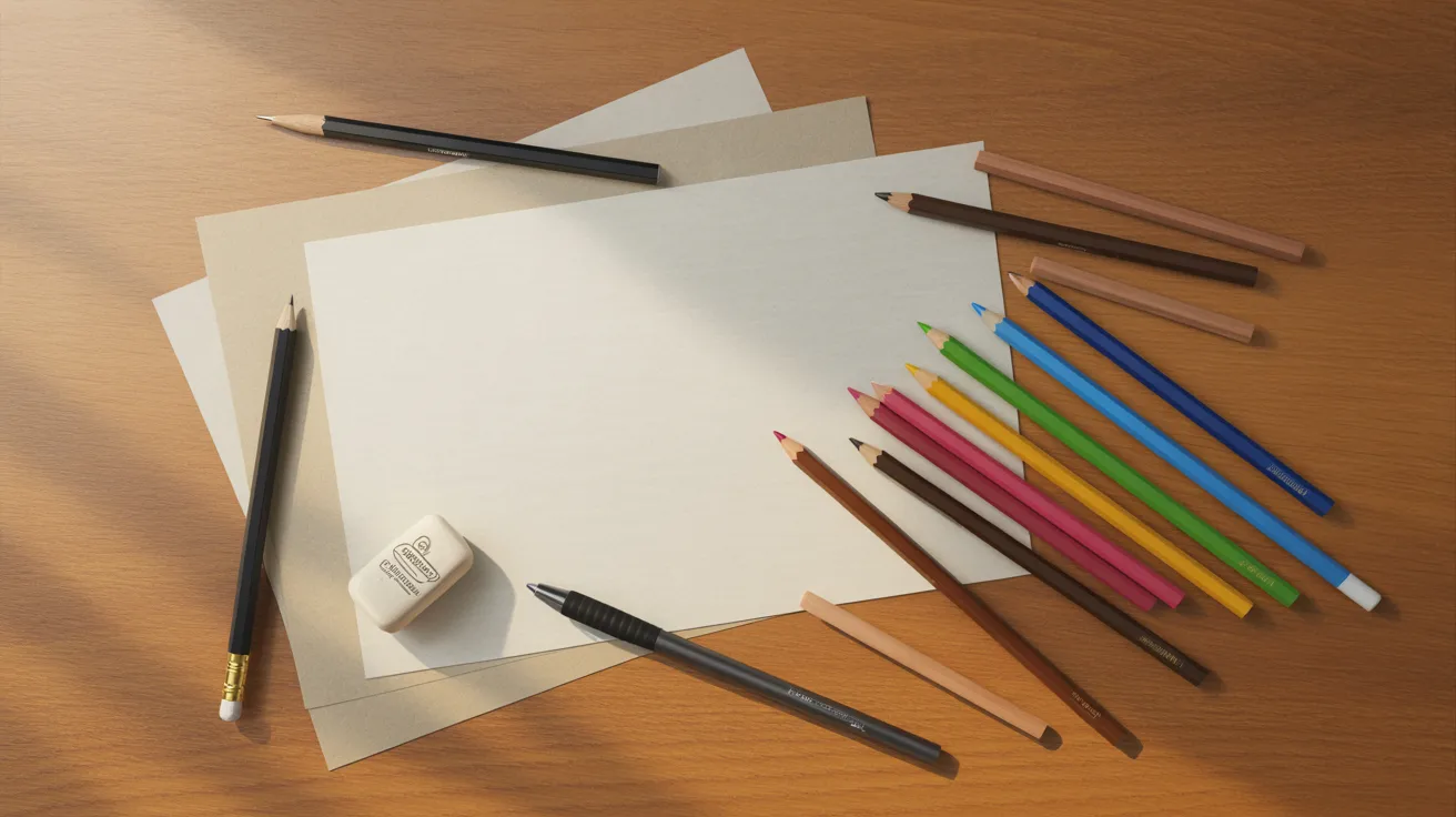 Drawing supplies including pencil eraser paper fineliner and colored pencils on desk
