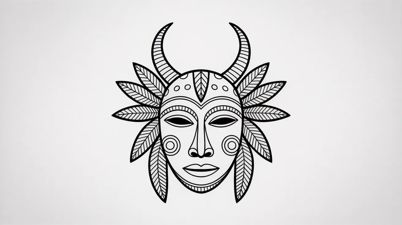 Basic pencil sketch of a nature-inspired African mask with simple animal and leaf shapes.