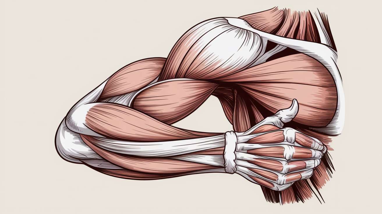 Human arm muscles showing biceps triceps deltoid and forearm groups with detailed anatomy illustration