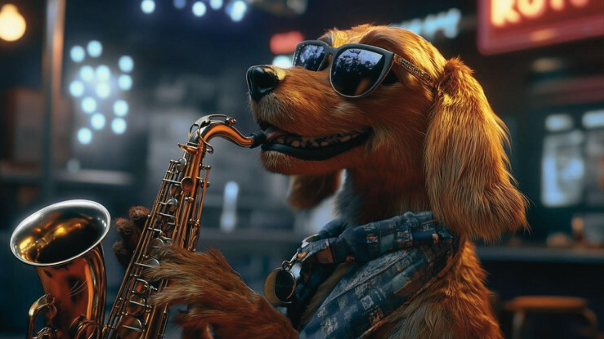 A 3D-rendered golden retriever wearing sunglasses and a denim jacket plays a brass saxophone on stage.