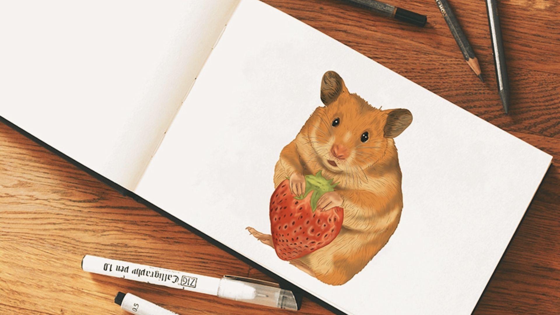 Color pencil hamster with strawberry in sketchbook, easy drawing project with art supplies.