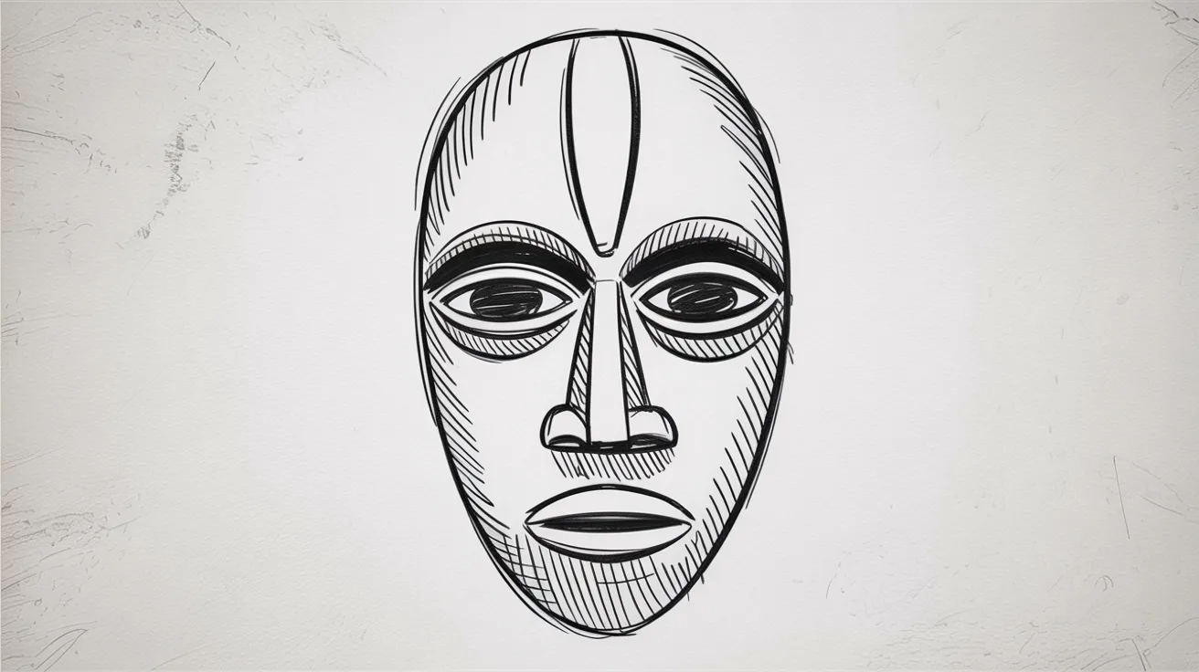Simple hand-drawn African mask with bold eyes and strong expression in a basic pencil sketch style.