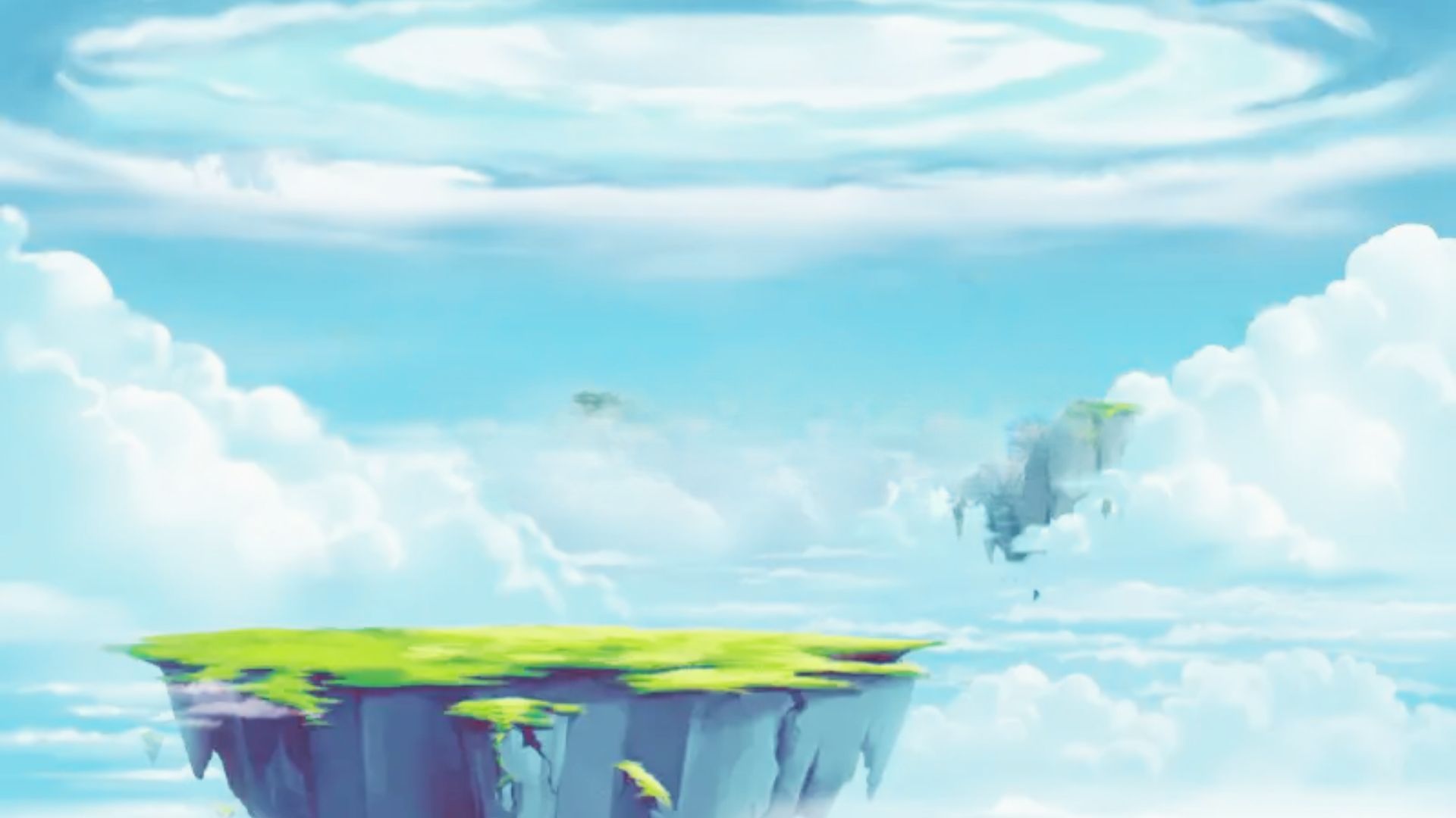 Art of green floating islands surrounded by fluffy white clouds in a bright blue sky, a cute fantasy cloud drawing for beginners.