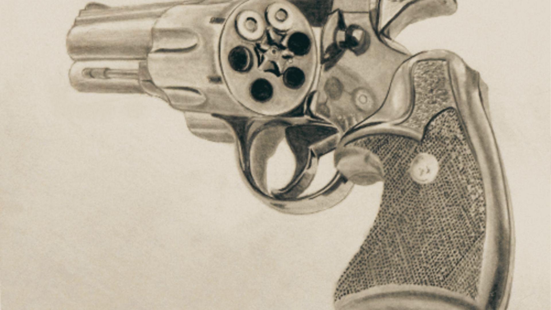 Realistic pencil sketch of a revolver showing detailed cylinder, trigger, and textured grip.