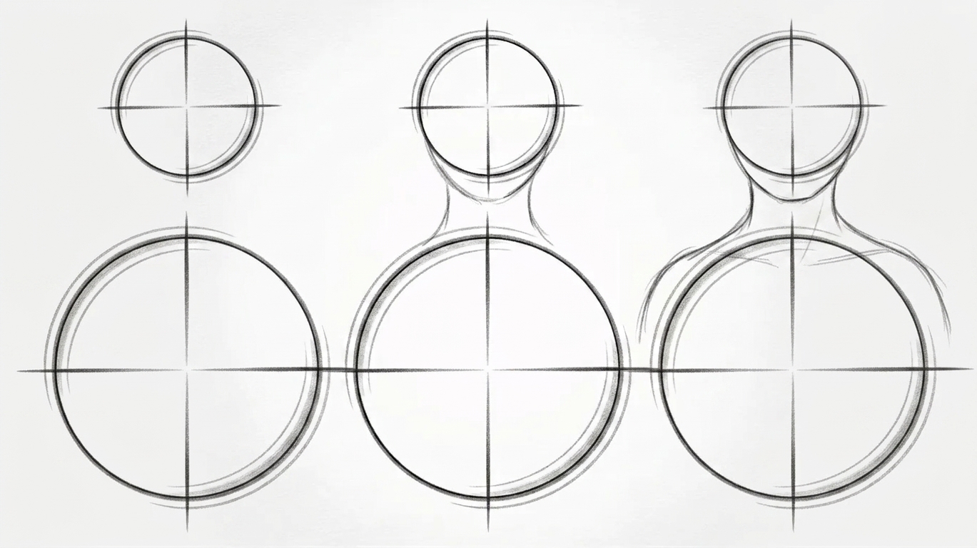 Curved lines connecting head and body forming neck soft rounded sketch simple drawing guide