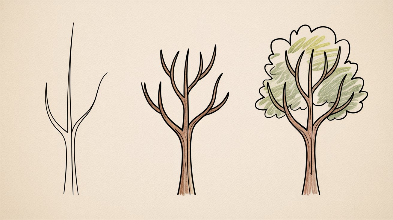 Three-step tutorial showing tree growth from bare branches to full canopy.
