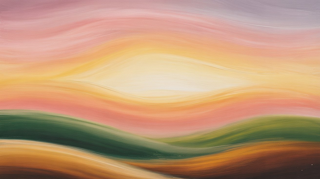 A painting of sunrise over hills with a blend of pink, yellow, orange.