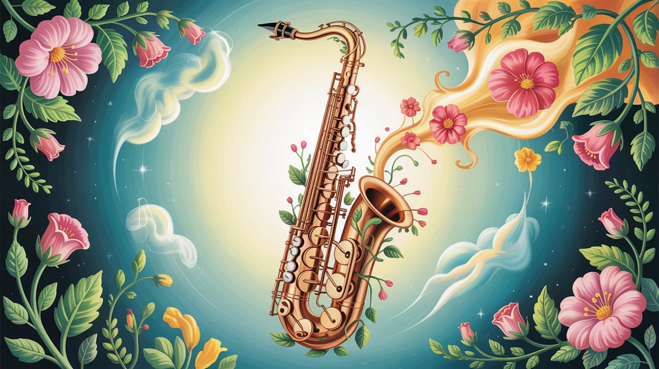 A brass saxophone floats among pink flowers, vines, and golden swirls on a dreamy teal gradient background.