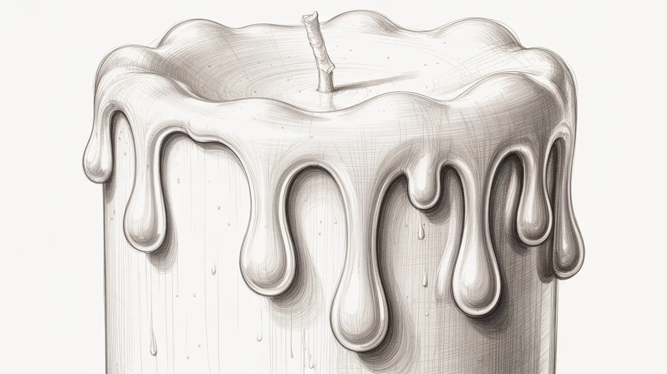 Candle drawing step with wax drips and melted details added to sides