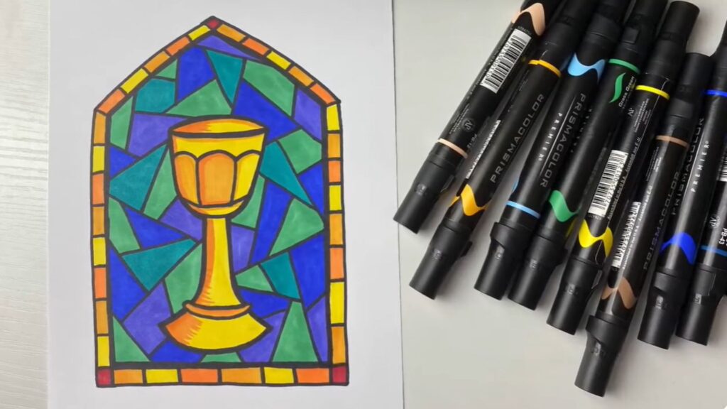 "A stained glass window illustration featuring a prominent gold cup at its center, showcasing intricate designs and colors."