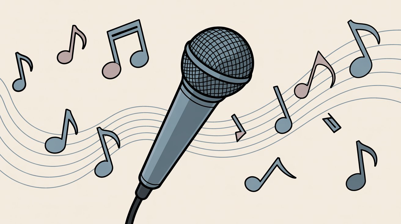 Cartoon microphone drawing with music notes and staff lines on cream background for podcast.
