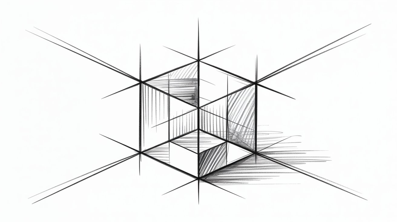 Complex pencil sketch of overlapping cubes with radiating construction lines and hatching.