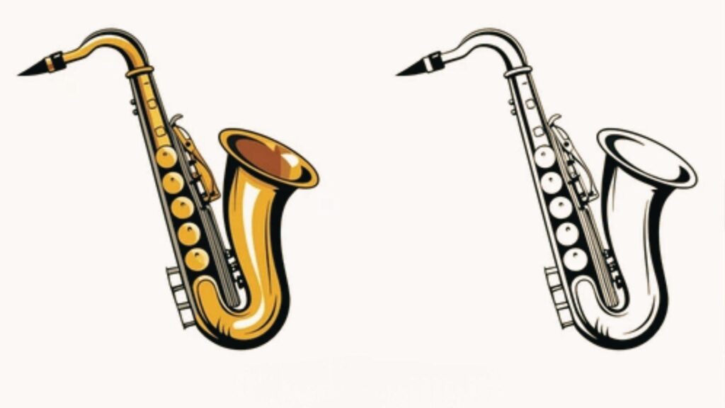 Side-by-side vector illustrations of the same saxophone in full color and black and white line art.