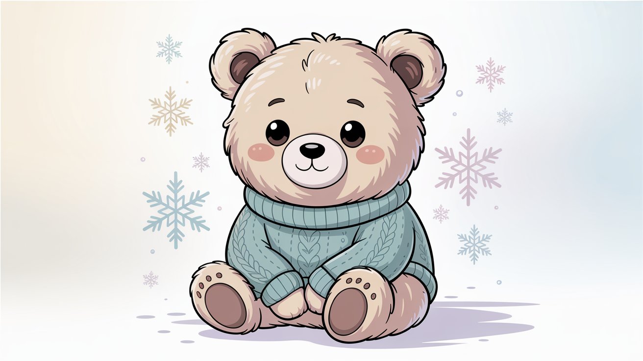 Fluffy cream bear wears a chunky blue knit sweater surrounded by pastel snowflakes.