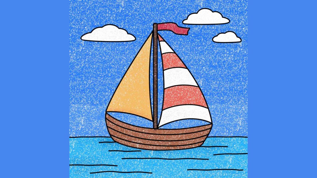 "A drawing of a sailboat gently floating on calm ocean waters under a clear blue sky."