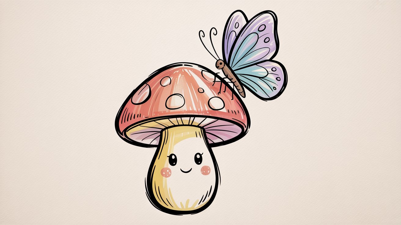 Blushing kawaii mushroom with a butterfly on top of it and rosy cheeks smiles sweetly.