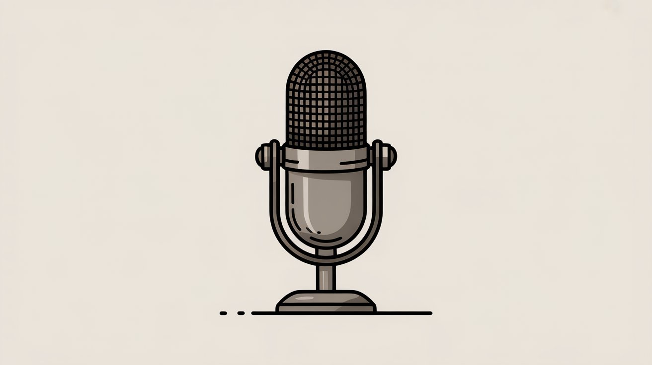 Retro vector microphone drawing with silver body, black mesh grille, and stand on beige background.