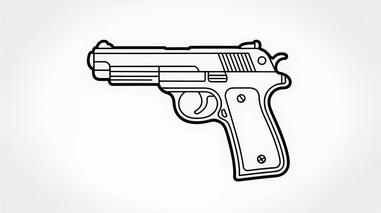 Minimalist line art of a pistol with smooth, unshaded outlines.